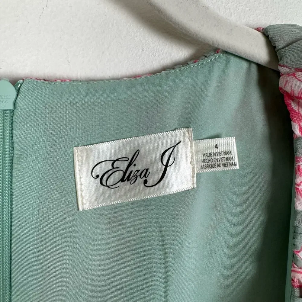 Eliza J Tie Waist Tiered Midi Dress Mint Green Pink Floral Size 4 Wedding Party - Picture 7 of 13